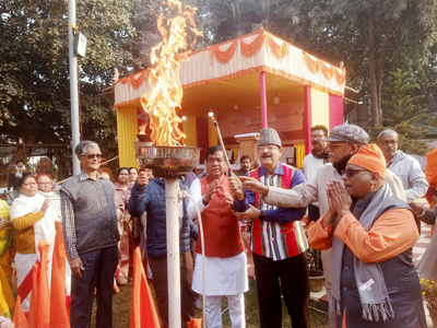Mayor of Agartala Municipal Corporation (AMC) Dipak Majumdar lights the ceremonial Vivek Jyoti to mark National Youth Day in Agartala on January 12.